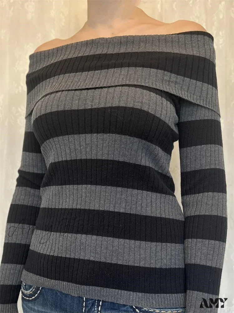 Amy Fashion - Retro Slash Neck Off Shoulder RibbedLong Sleeve  T-shirts - Image 2