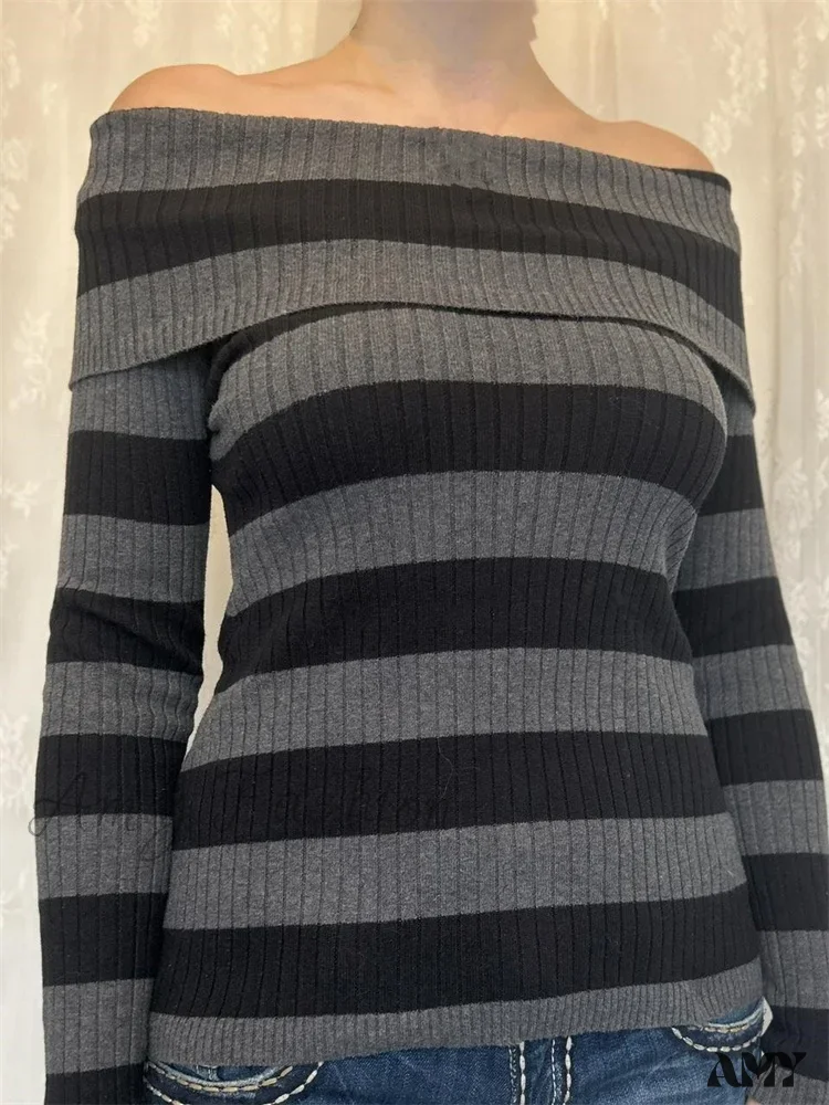 Amy Fashion - Retro Slash Neck Off Shoulder RibbedLong Sleeve  T-shirts - Image 3