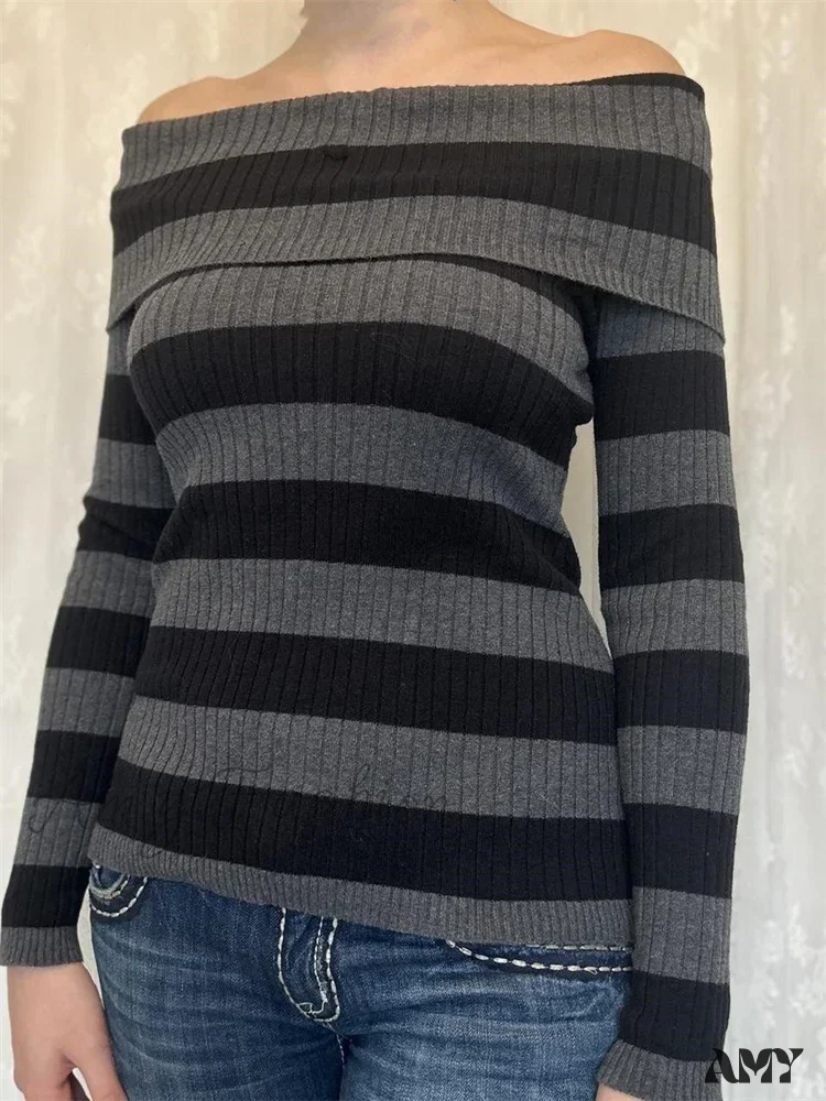 Amy Fashion - Retro Slash Neck Off Shoulder RibbedLong Sleeve  T-shirts - Image 4