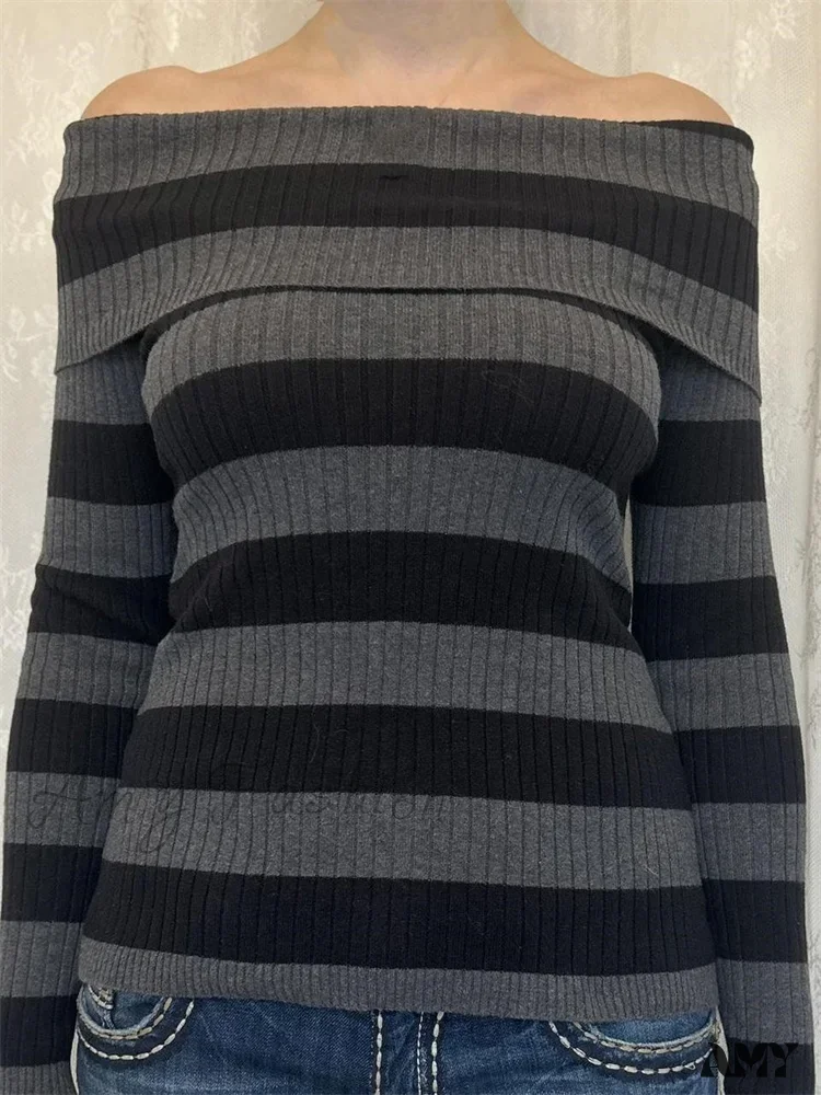 Amy Fashion - Retro Slash Neck Off Shoulder RibbedLong Sleeve  T-shirts - Image 5