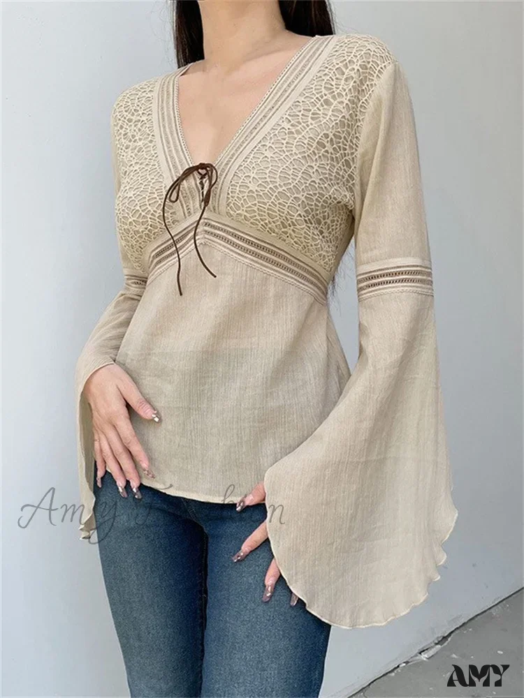 Amy Fashion - Retro Spring Autumn y2k Fairycore V-neck Long Flare Sleeve T-shirts
