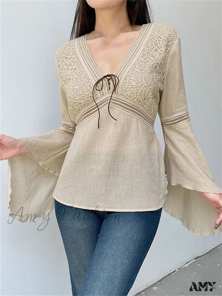 Amy Fashion - Retro Spring Autumn y2k Fairycore V-neck Long Flare Sleeve T-shirts - Image 2
