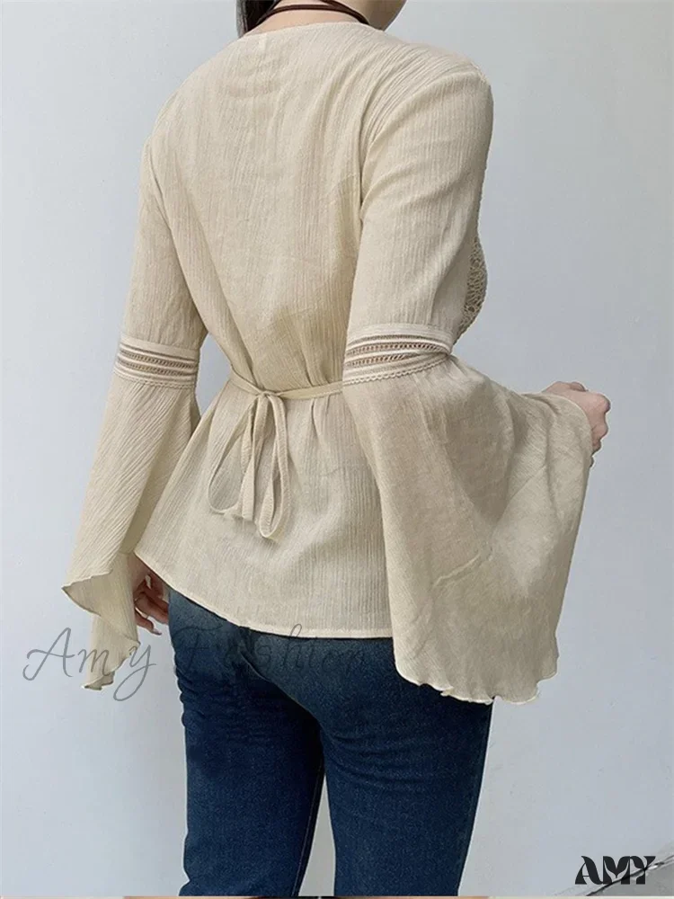 Amy Fashion - Retro Spring Autumn y2k Fairycore V-neck Long Flare Sleeve T-shirts - Image 3