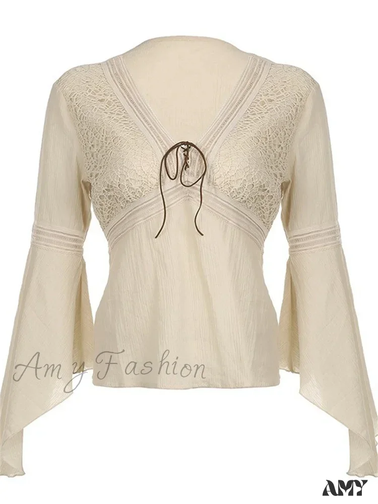 Amy Fashion - Retro Spring Autumn y2k Fairycore V-neck Long Flare Sleeve T-shirts - Image 4