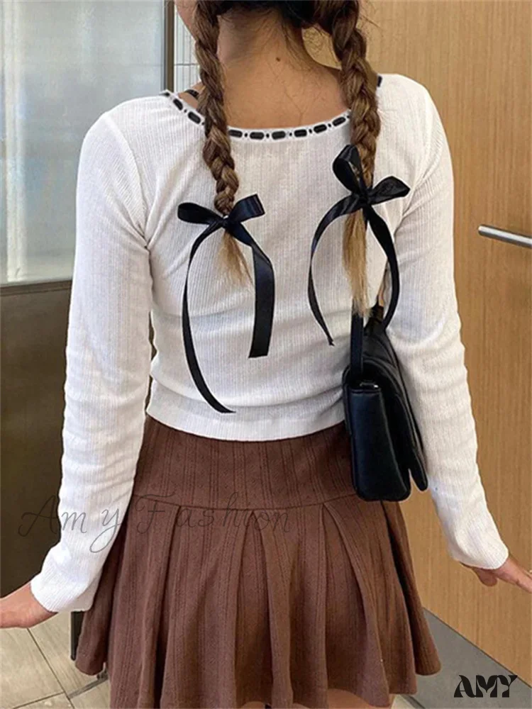 Amy Fashion - Retro Square Neck Long Sleeve Vintage Ribbed T-Shirts - Image 3
