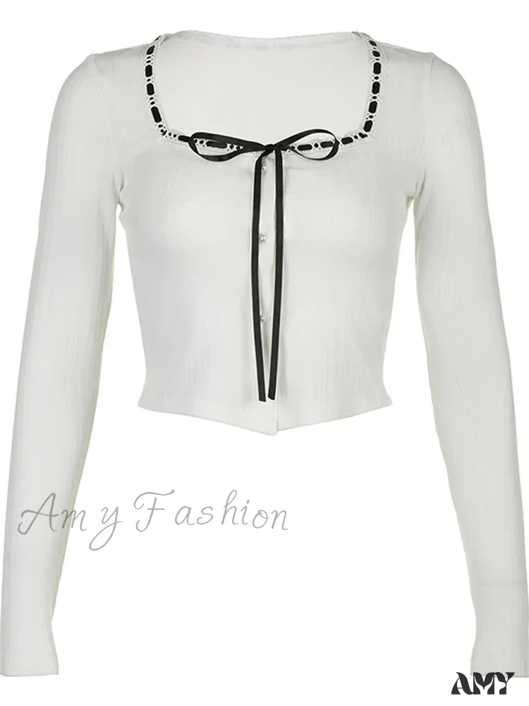 Amy Fashion - Retro Square Neck Long Sleeve Vintage Ribbed T-Shirts - Image 4