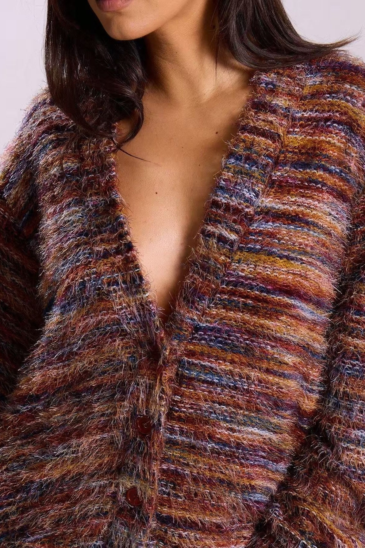 Retro Striped Fashionable Oversized Fleece Long Sleeve Knit Cardigan - Image 2