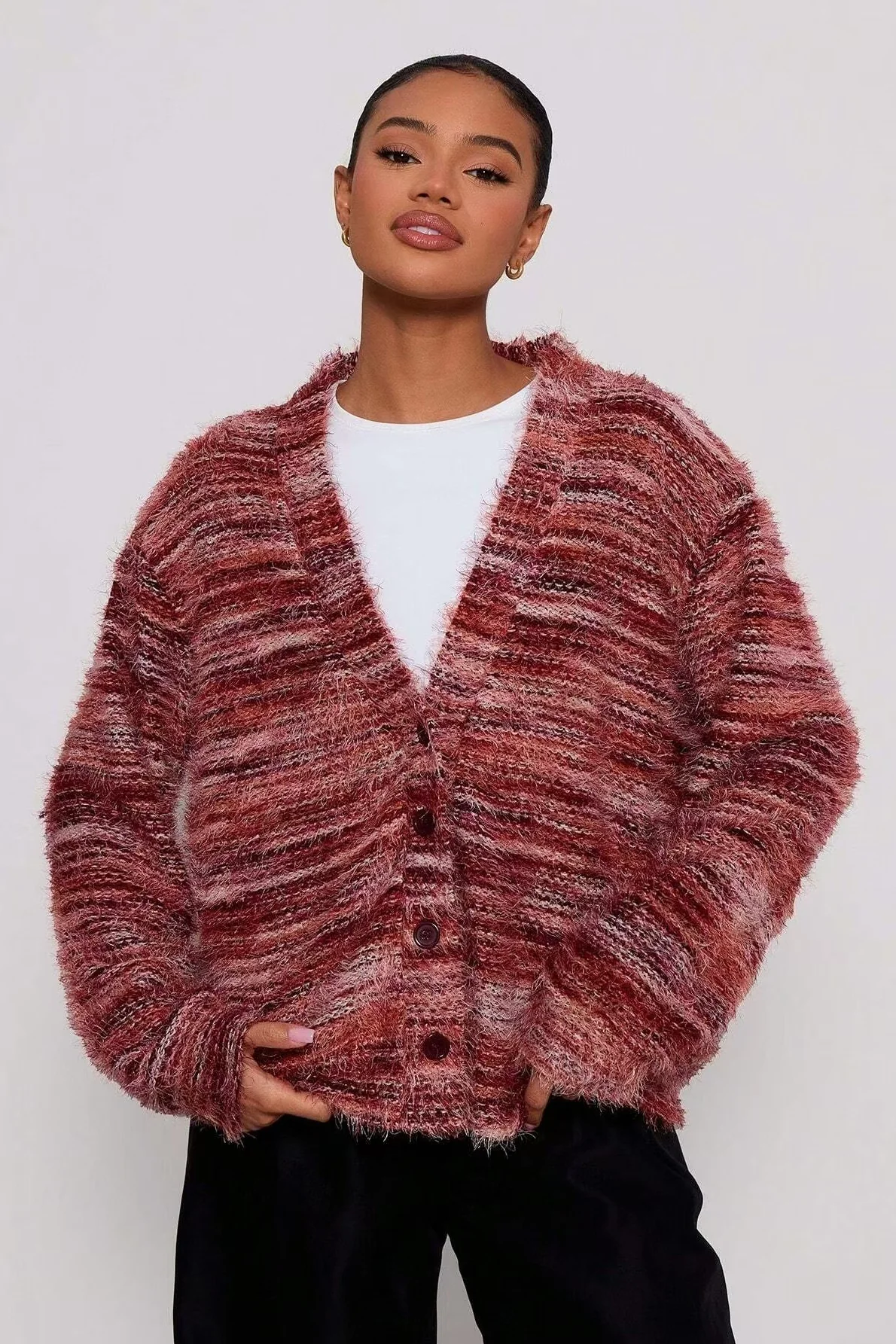 Retro Striped Fashionable Oversized Fleece Long Sleeve Knit Cardigan - Image 3