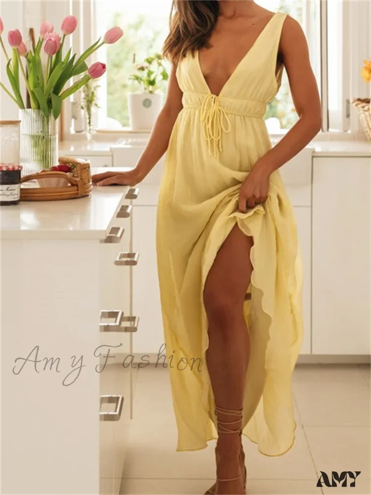 Amy Fashion - Retro Women Evening Party  Solid Color Sleeveless Deep V-Neck Front Tie-up Formal Female Vestido - Image 2