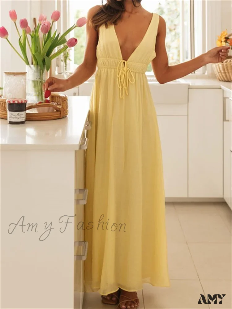 Amy Fashion - Retro Women Evening Party  Solid Color Sleeveless Deep V-Neck Front Tie-up Formal Female Vestido - Image 3