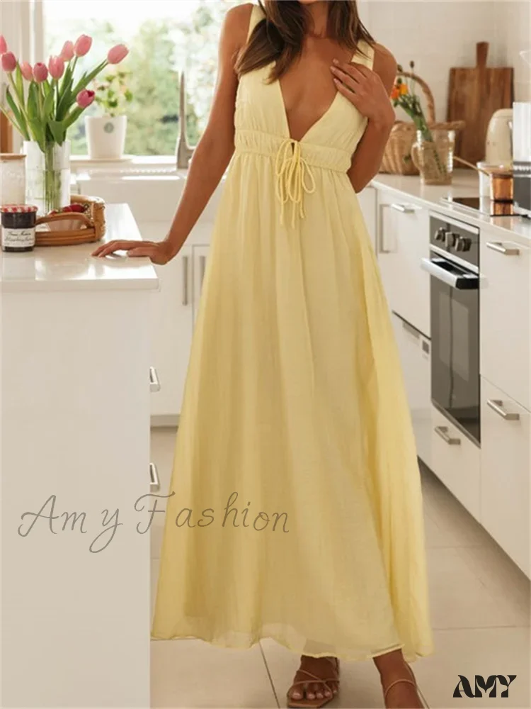 Amy Fashion - Retro Women Evening Party  Solid Color Sleeveless Deep V-Neck Front Tie-up Formal Female Vestido - Image 4