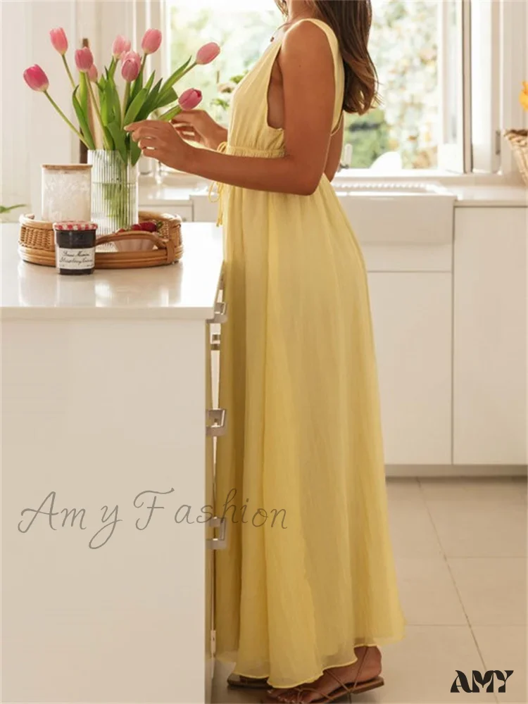 Amy Fashion - Retro Women Evening Party  Solid Color Sleeveless Deep V-Neck Front Tie-up Formal Female Vestido - Image 5