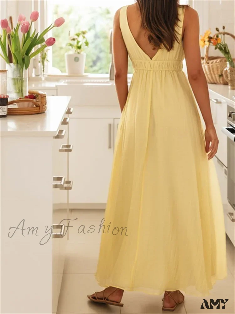 Amy Fashion - Retro Women Evening Party  Solid Color Sleeveless Deep V-Neck Front Tie-up Formal Female Vestido - Image 6
