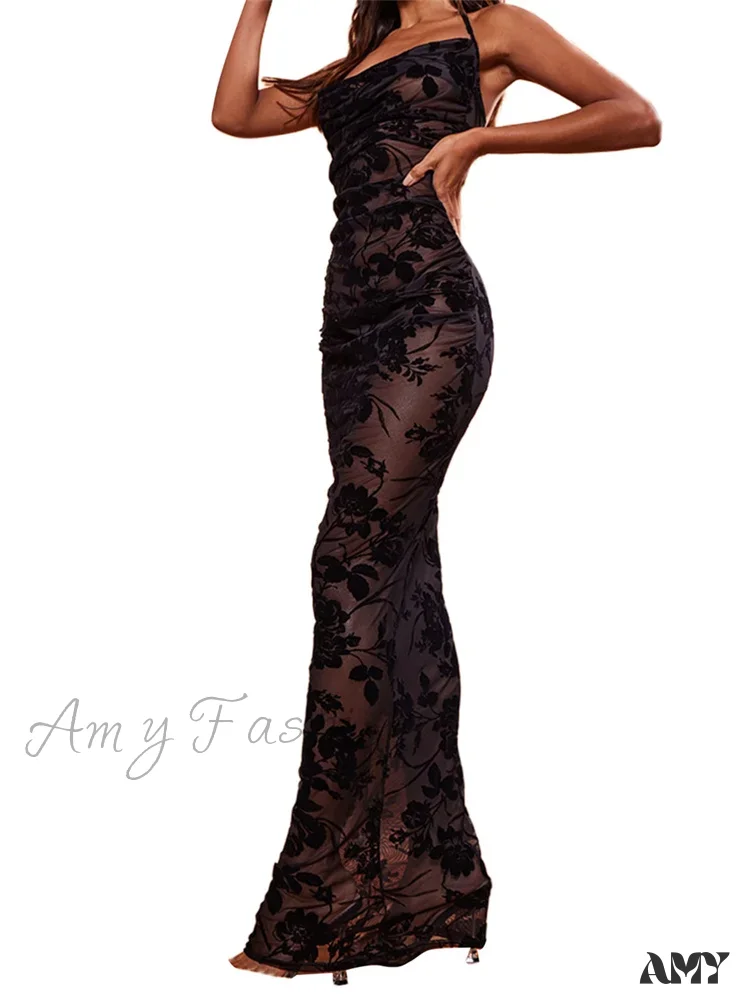 Amy Fashion - Retro Women Y2K Lace See Through  Halter Lace-up Backless Summer  Low Cut V-neck Vestidos Beachwear - Image 3