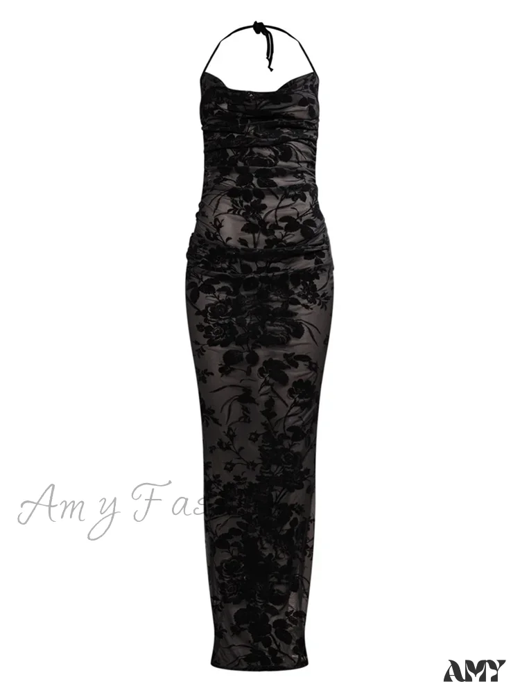 Amy Fashion - Retro Women Y2K Lace See Through  Halter Lace-up Backless Summer  Low Cut V-neck Vestidos Beachwear - Image 4