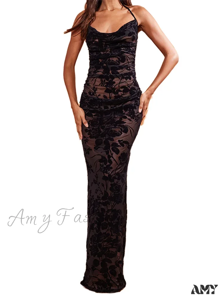 Amy Fashion - Retro Women Y2K Lace See Through  Halter Lace-up Backless Summer  Low Cut V-neck Vestidos Beachwear - Image 5