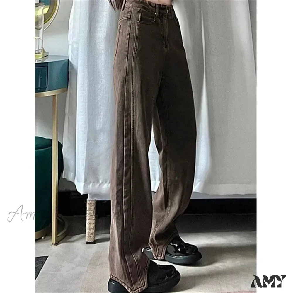 Retro Y2K Brown Wide Leg Irregular Baggy 90s Solid High Waist Comfortable Jeans - Image 2