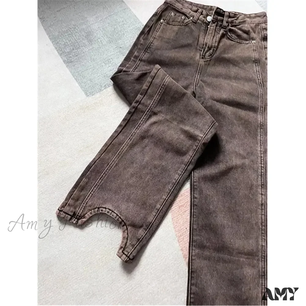 Retro Y2K Brown Wide Leg Irregular Baggy 90s Solid High Waist Comfortable Jeans - Image 3