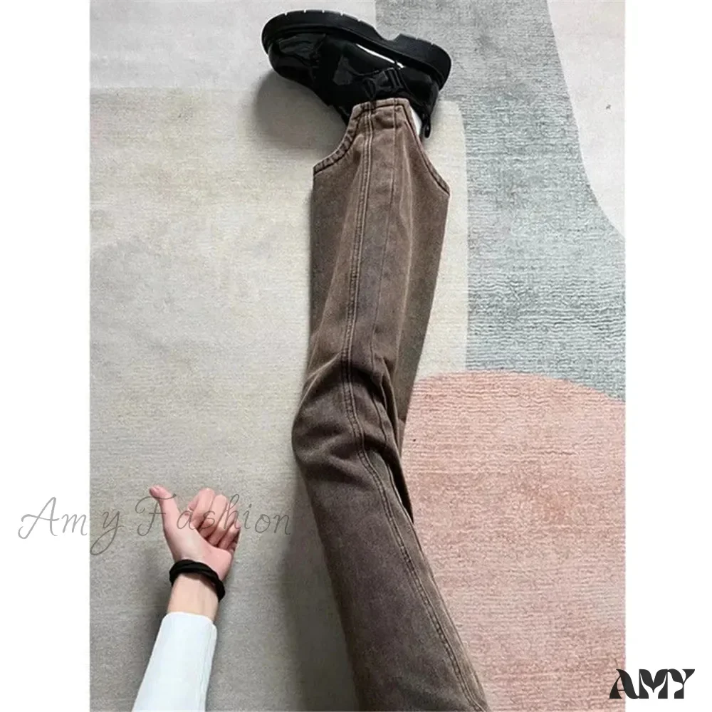 Retro Y2K Brown Wide Leg Irregular Baggy 90s Solid High Waist Comfortable Jeans - Image 4