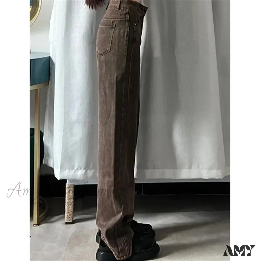 Retro Y2K Brown Wide Leg Irregular Baggy 90s Solid High Waist Comfortable Jeans - Image 5