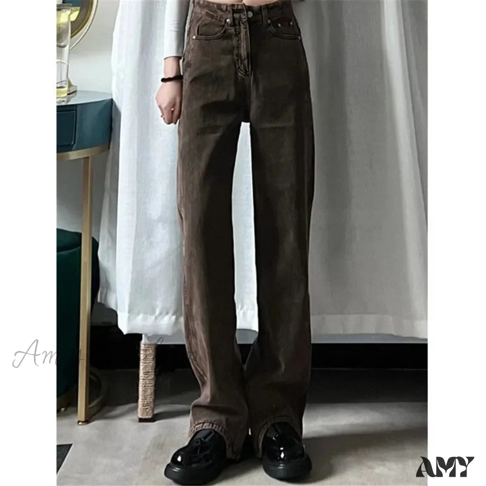 Retro Y2K Brown Wide Leg Irregular Baggy 90s Solid High Waist Comfortable Jeans - Image 6
