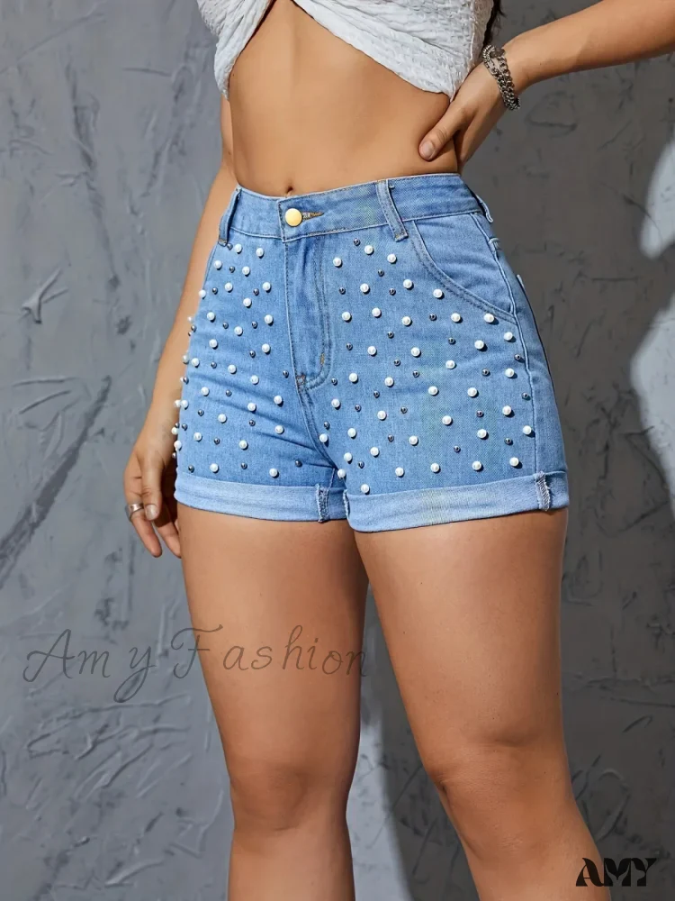 Rhinestone Ripped Splice High Bodycon Pocket Button Trouser Short - Image 3