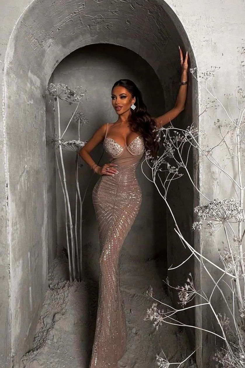 Rhinestone V-Neck Cami Ruched Fishtail Party Dress - Image 4