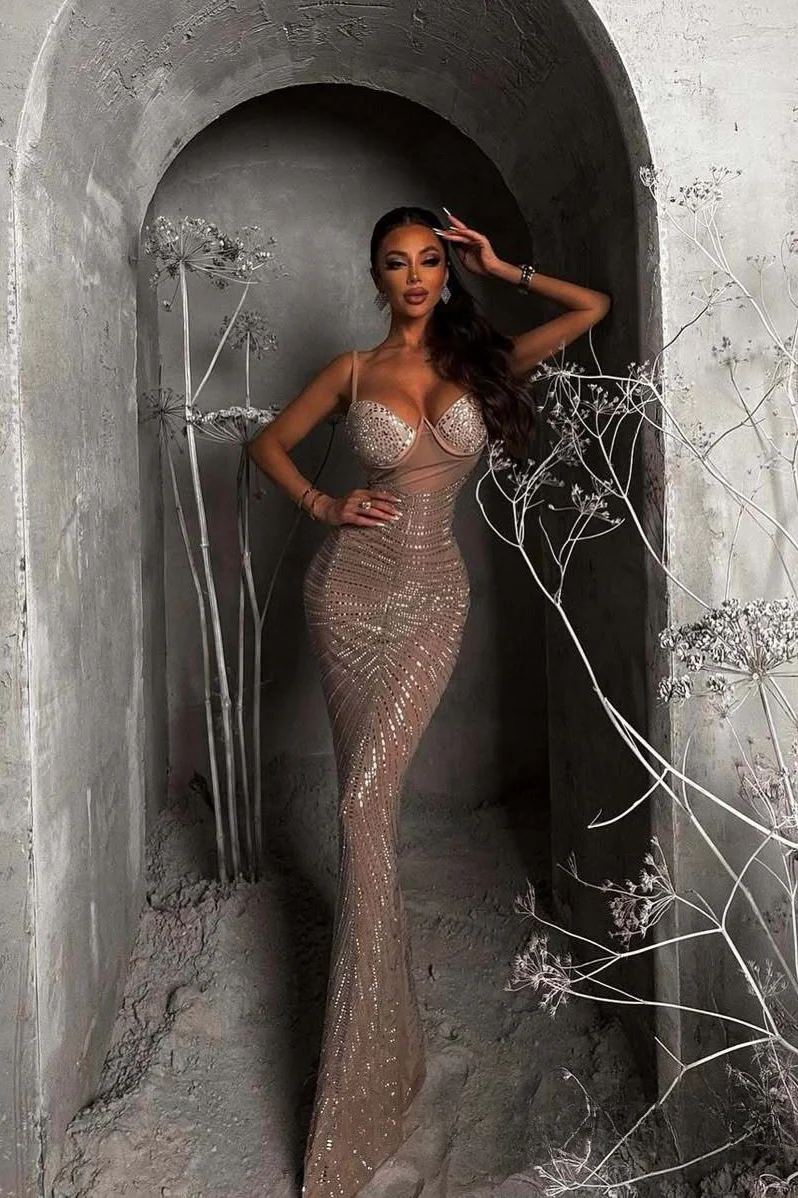 Rhinestone V-Neck Cami Ruched Fishtail Party Dress - Image 5