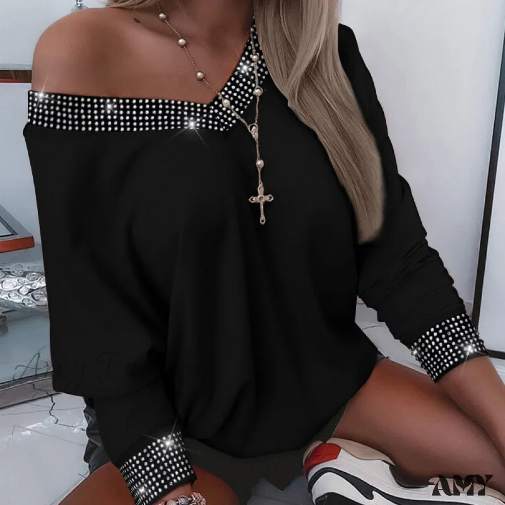 Amy Fashion - Oversized Y2K Rhinestone V-Neck Long Sleeve Casual Tee - Image 3