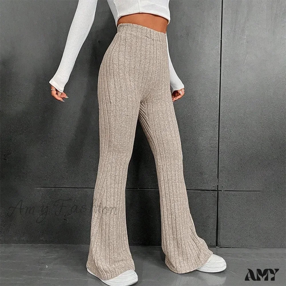 Ribbed Flare Mid Waist Slim Stretch Wide Leg Pants - Image 3