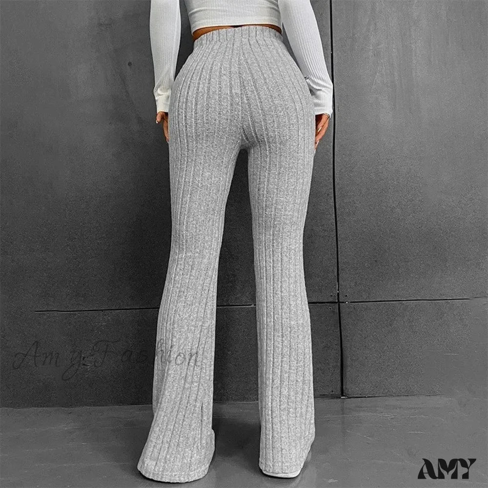 Ribbed Flare Mid Waist Slim Stretch Wide Leg Pants - Image 4