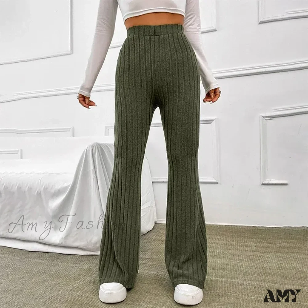 Ribbed Flare Mid Waist Slim Stretch Wide Leg Pants - Image 5
