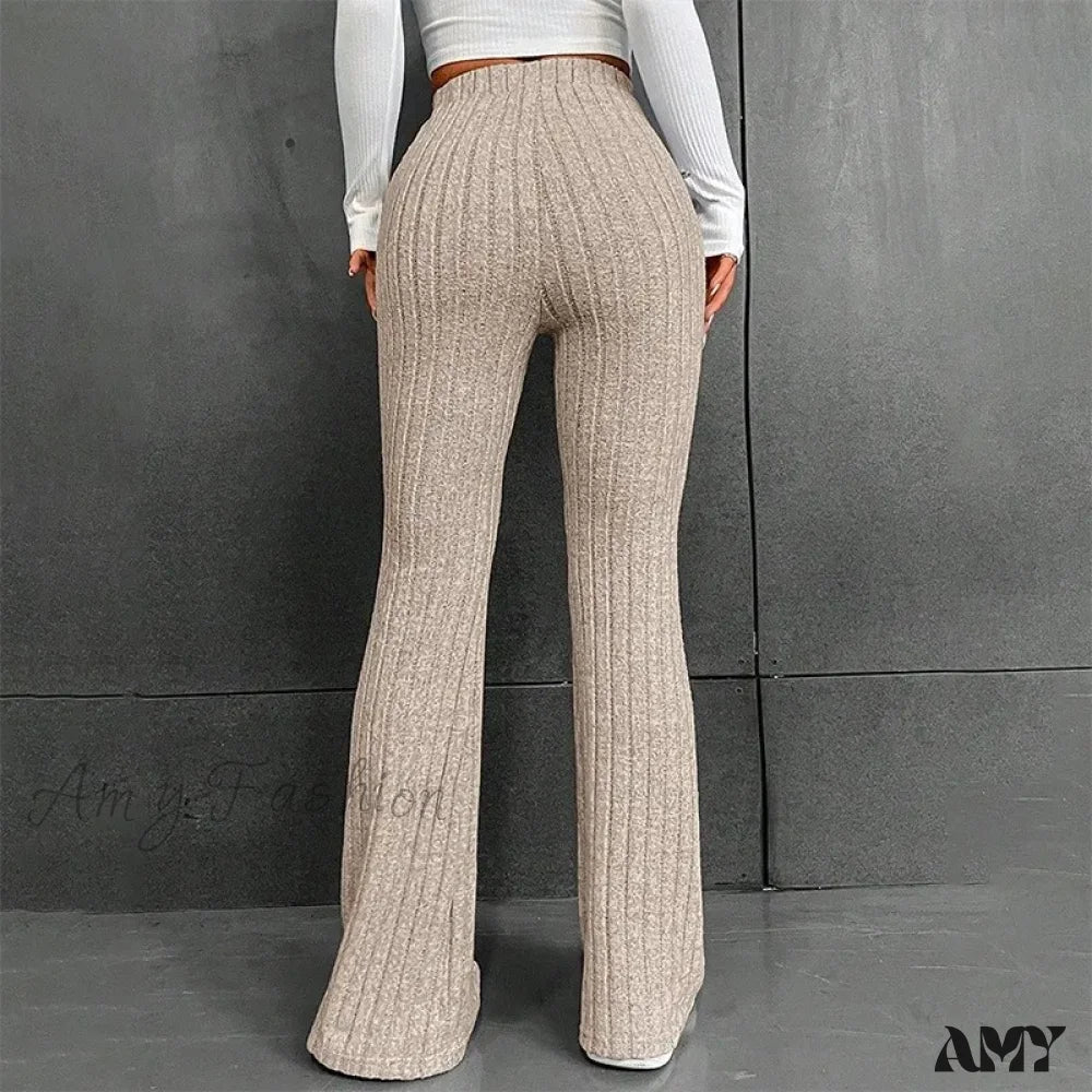 Ribbed Flare Mid Waist Slim Stretch Wide Leg Pants - Image 6