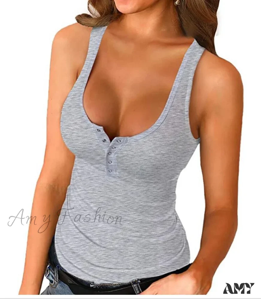 Amy Fashion - Ribbed Knitting Button U-neck Sleeveless Tank Top - Image 5