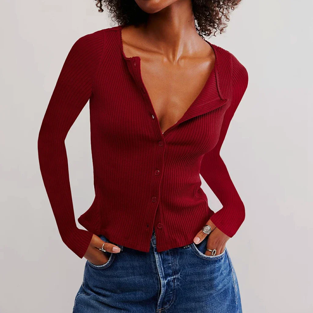 Ribbed O-neck Button Cropped Knit Cardigan - Image 3