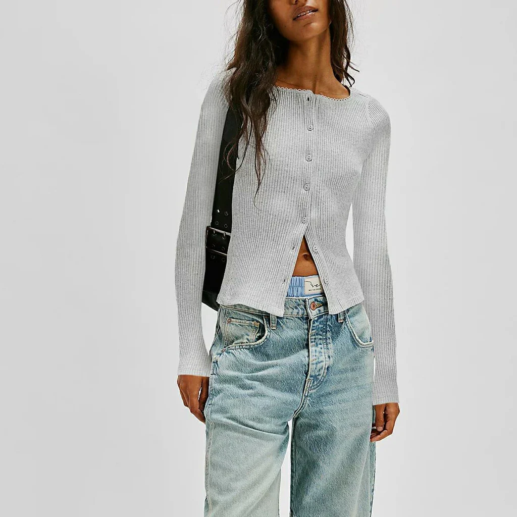 Ribbed O-neck Button Cropped Knit Cardigan - Image 4