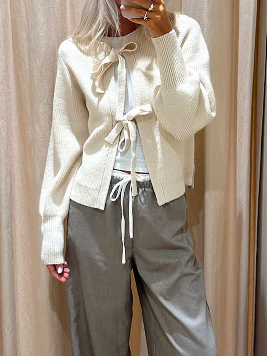 Ribbed Tie Front Solid Knit Cardigan - Image 3