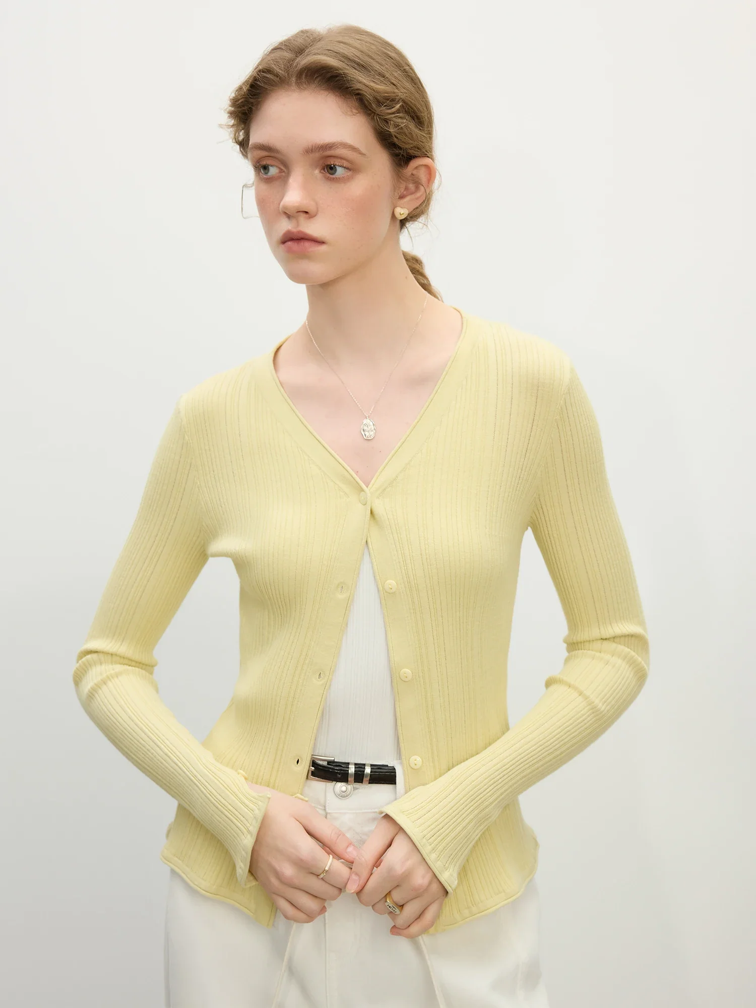 Ribbed V-neck Slit Cuff Knit Cardigan - Image 2
