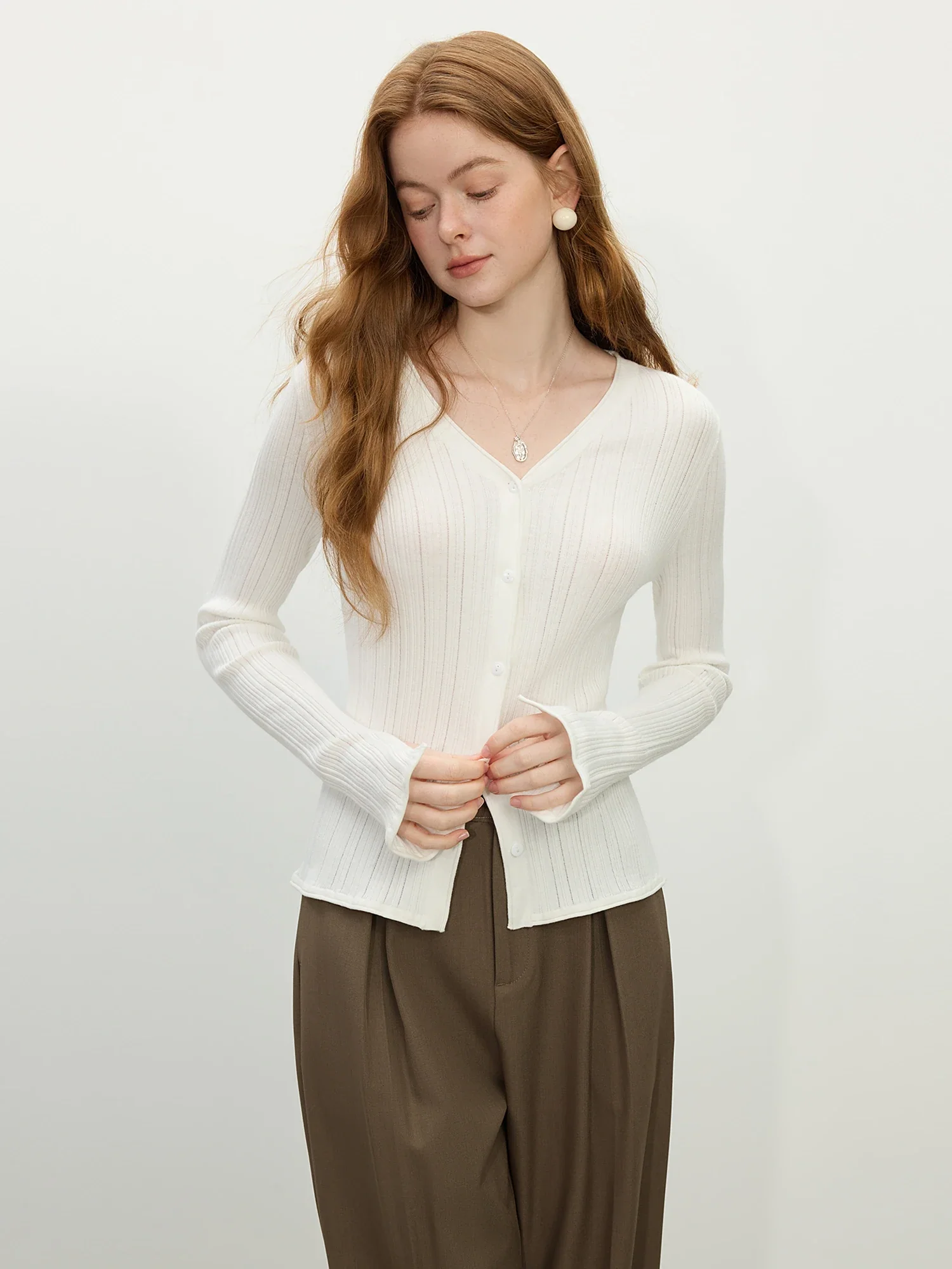 Ribbed V-neck Slit Cuff Knit Cardigan - Image 5