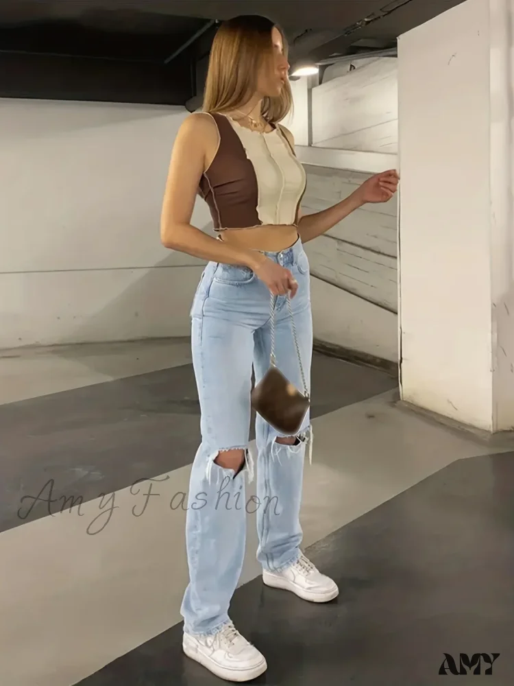 Ripped Holes Loose Fit Casual Non-Stretch Slant Pockets Denim Vintage Comfortable Jean - Image 2