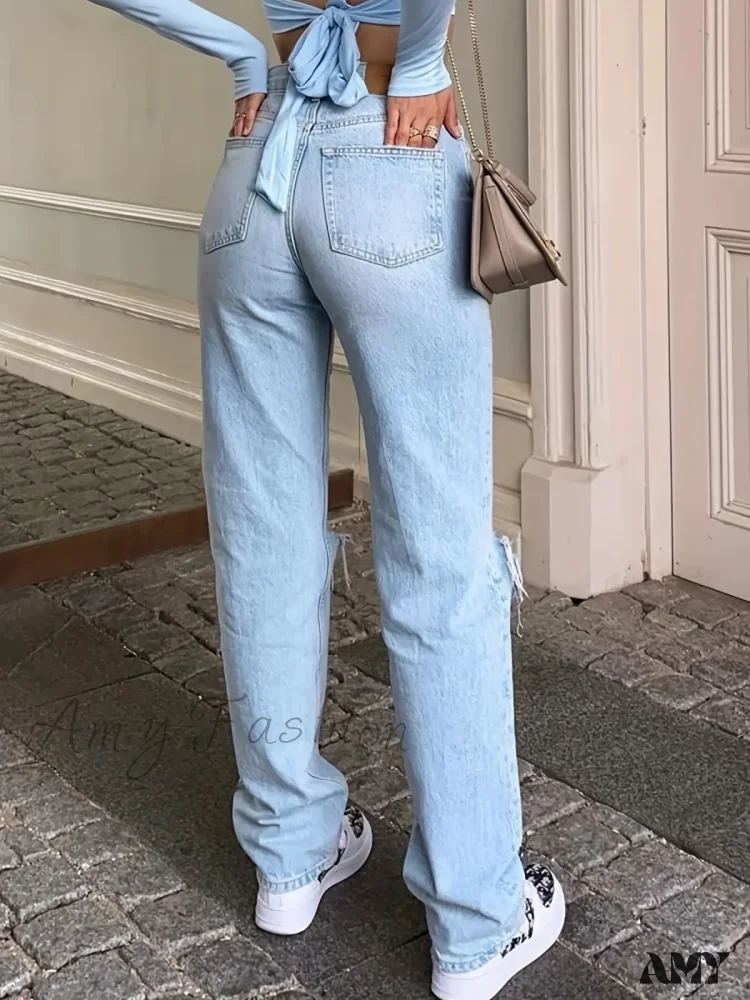 Ripped Holes Loose Fit Casual Non-Stretch Slant Pockets Denim Vintage Comfortable Jean - Image 5