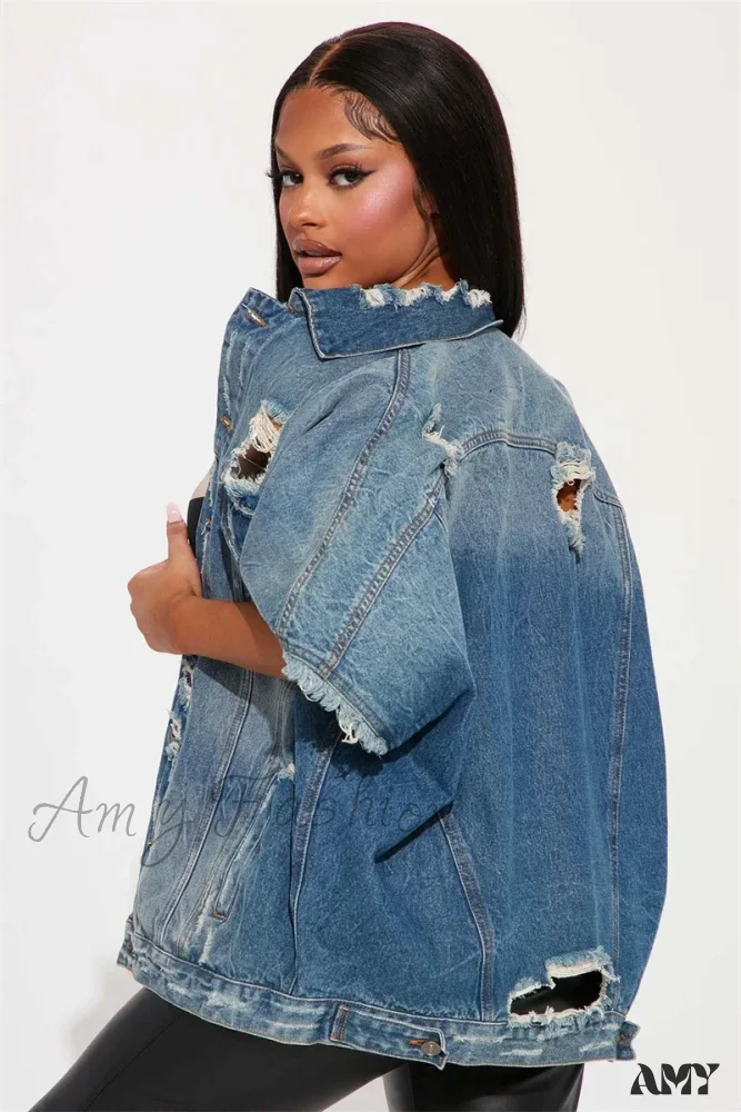 Ripped Jean Summer Broken Holes Denim Streetwear Short Sleeve Jacket - Image 3