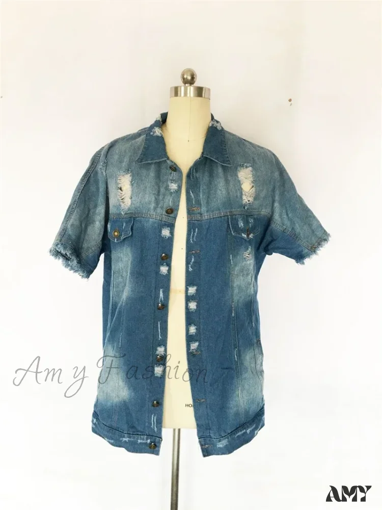 Ripped Jean Summer Broken Holes Denim Streetwear Short Sleeve Jacket - Image 4