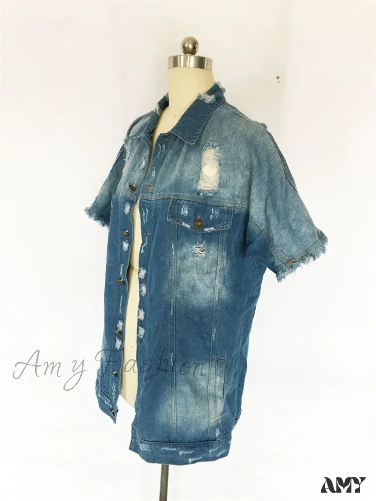 Ripped Jean Summer Broken Holes Denim Streetwear Short Sleeve Jacket - Image 5