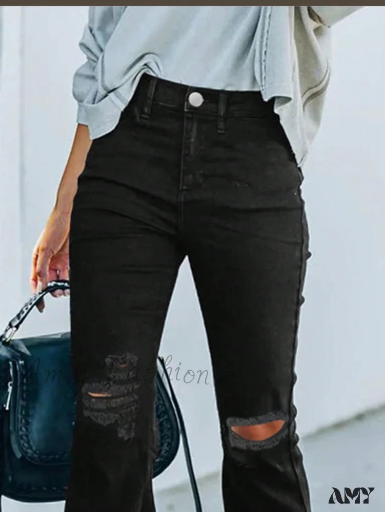 Amy Fashion - Ripped Raw Hem Flare Leg Jeans - Image 5