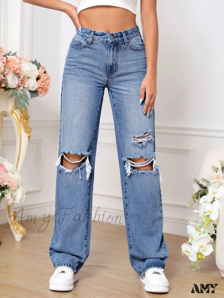 Amy Fashion - Ripped Straight Leg Jeans - Image 3