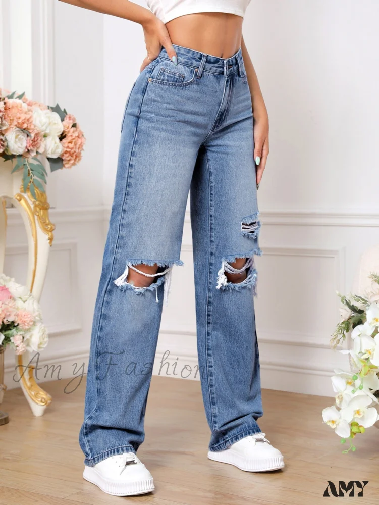 Amy Fashion - Ripped Straight Leg Jeans - Image 4