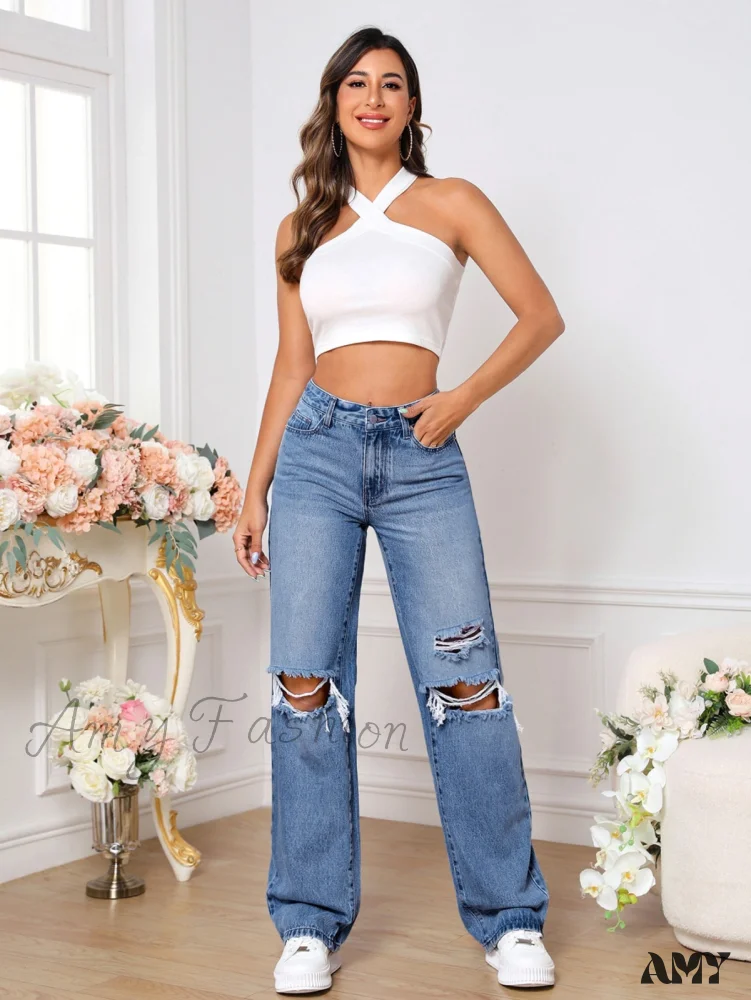 Amy Fashion - Ripped Straight Leg Jeans - Image 5