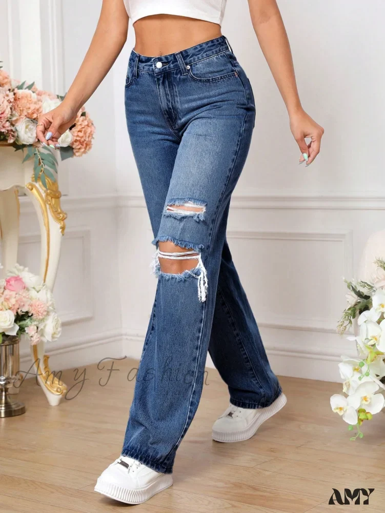 Amy Fashion - Ripped Straight Leg Jeans - Image 6