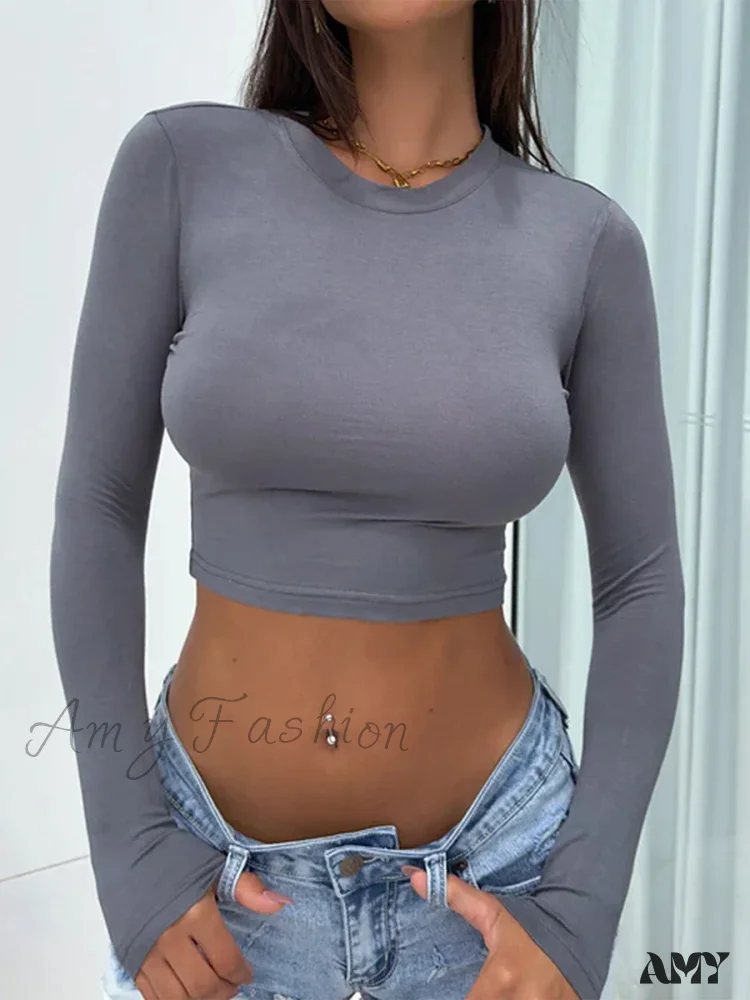 Round Neck Basic Long Sleeve Slim Fit Breathable Summer Streetwear Crop Top - Image 2